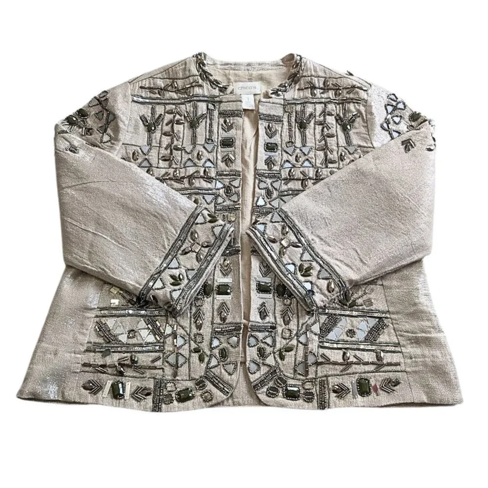 Vintage Y2K CHICOS Embellished Metallic Beige Aztec Beaded Cocktail Jacket Sz 1 - Picture 5 of 10